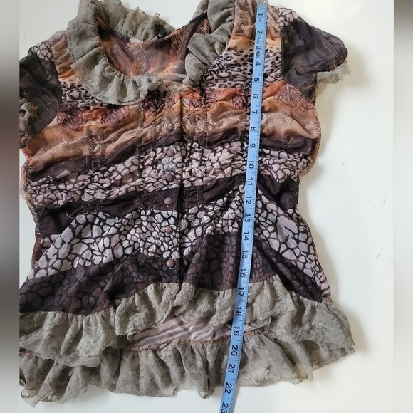 Lapis Lace Mesh Feather Print Coquette Fairy Top Large Brown - Picture 7 of 11